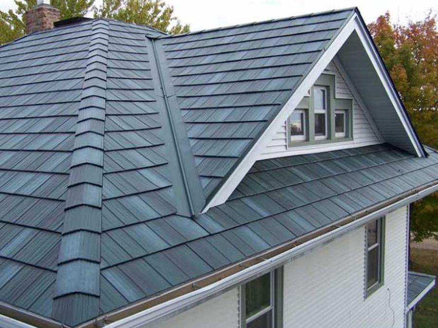 Metal shingle roof close-up